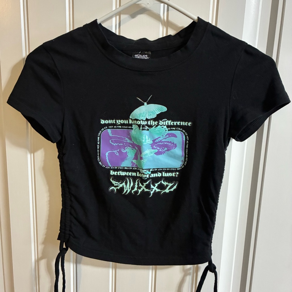 Swixxz Black Graphic Crop Top with Butterfly Design Ruched Sides - Picture 3 of 6